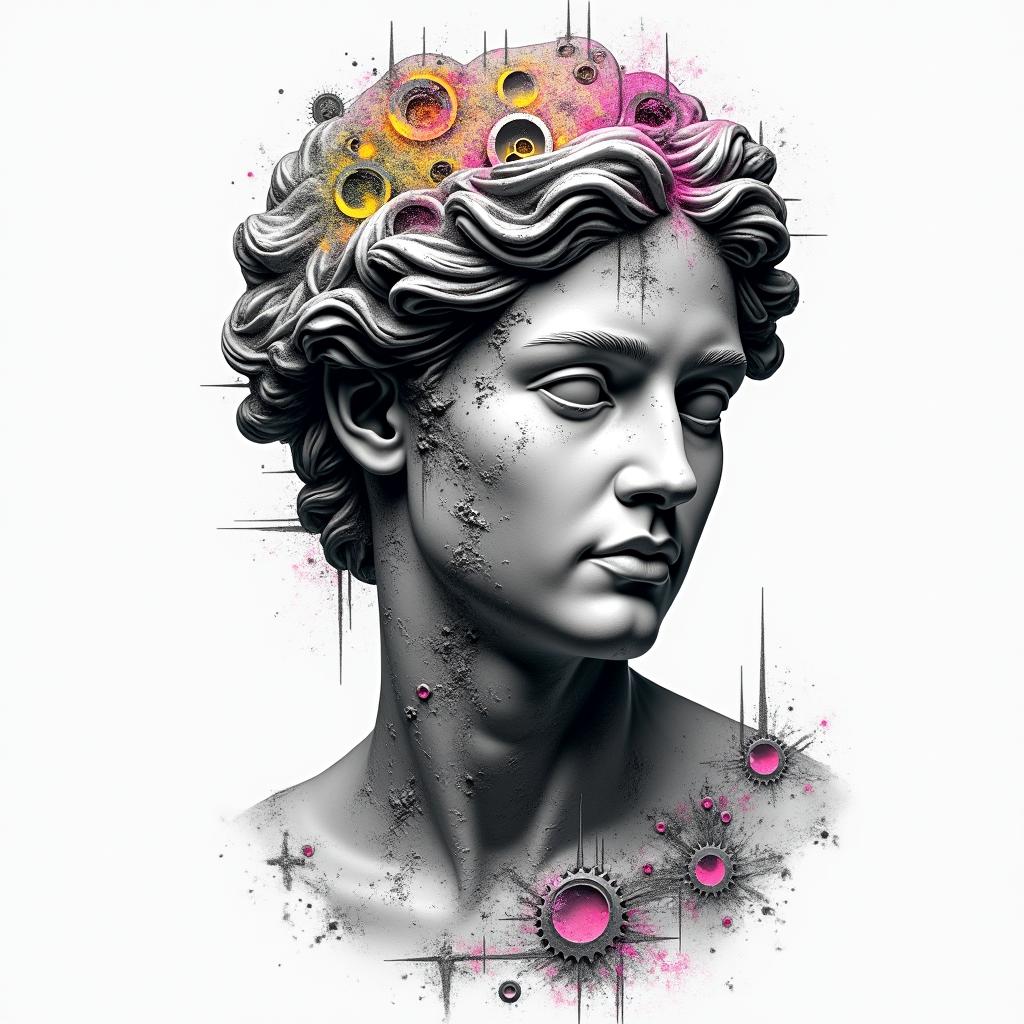 Mechanical gears fused with human anatomyin distorted and fragmented tattoo design, featuring a classical statue bust, in a glitch art style with vibrant, overlapping colors of cyan, magenta, and yellow, creating a digital distortion effect