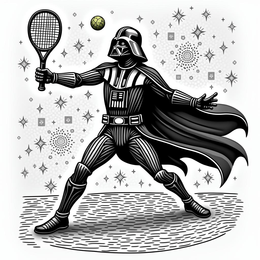 Darth Vader playing tennis in a galaxy themed courtin tribal tattoo style, featuring bold and black geometric shapes, curved lines, intertwine and flow seamlessly, creating a powerful and symbolic design, polynesian and maori styles