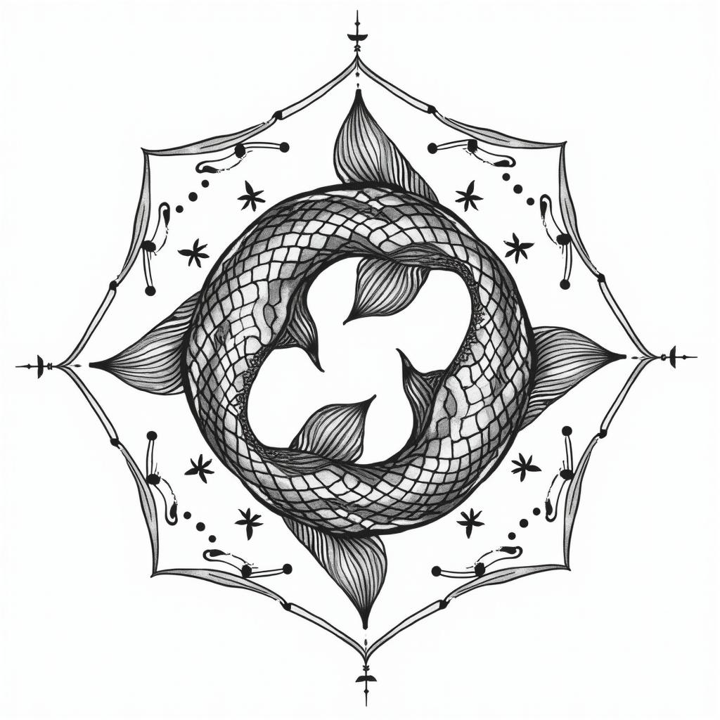 Constellation of the sign of Pisces combined with nature, mysticism.in dotwork style tattoo, complex mandala patterns, interlocking geometric shapes with sharp symmetry, clean lines, sharp angles