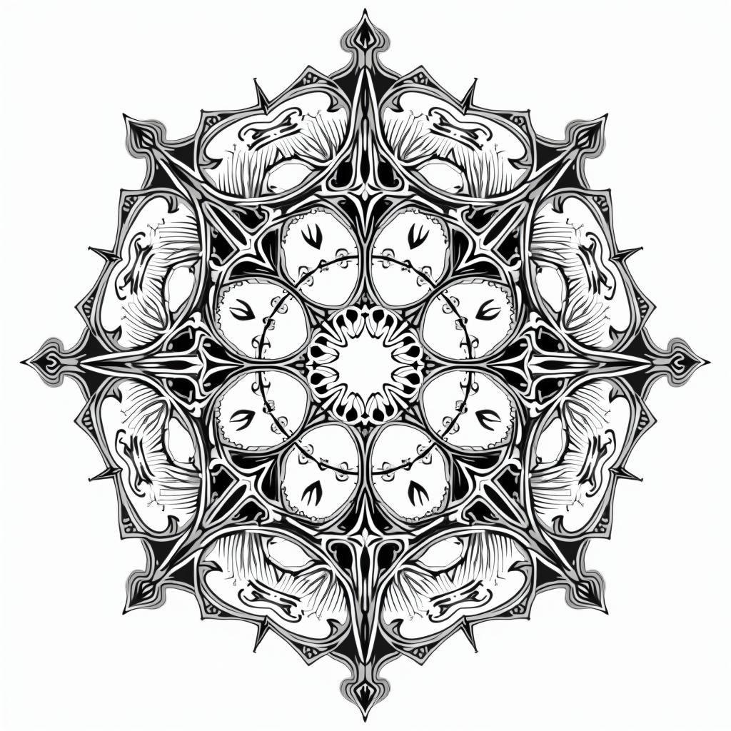 Constellation of the sign of Pisces combined with nature, mysticism.in dotwork style tattoo, complex mandala patterns, interlocking geometric shapes with sharp symmetry, clean lines, sharp angles - Variation 3