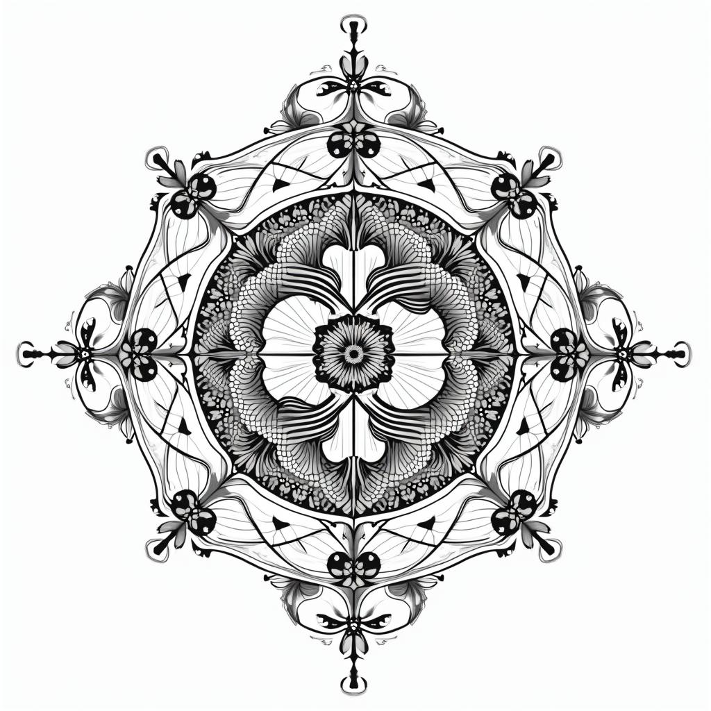 Constellation of the sign of Pisces combined with nature, mysticism.in dotwork style tattoo, complex mandala patterns, interlocking geometric shapes with sharp symmetry, clean lines, sharp angles - Variation 4