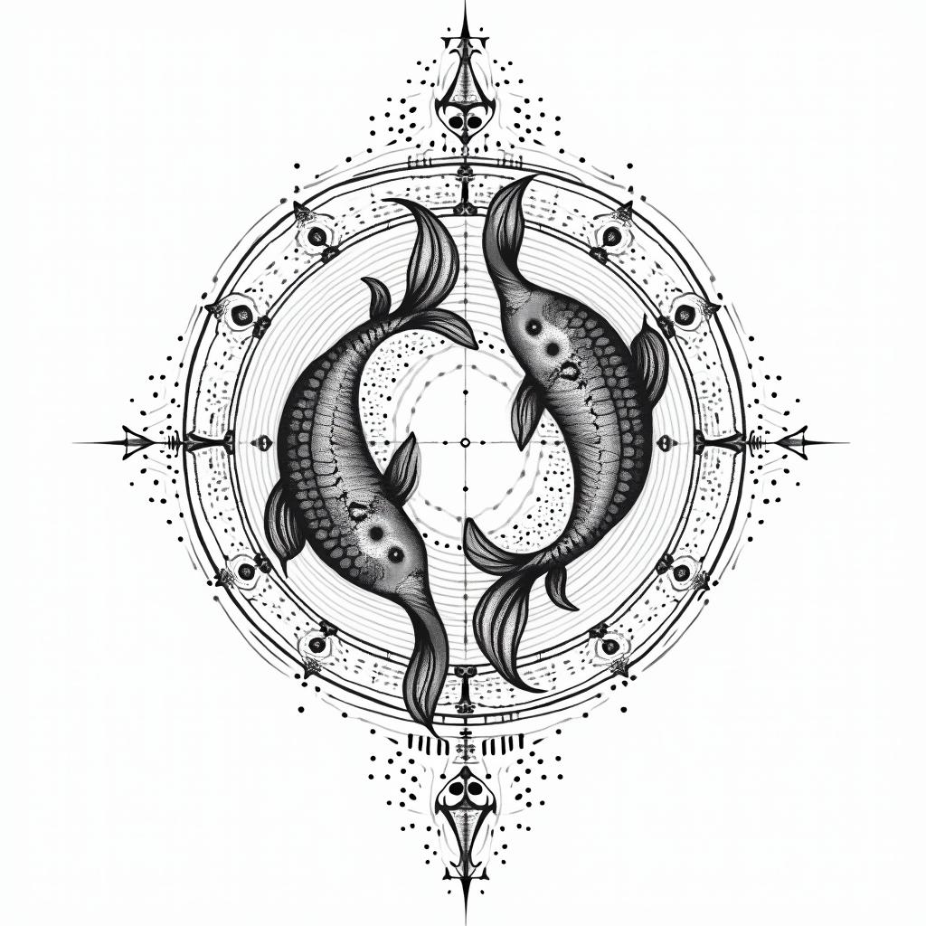 Constellation of the sign of Pisces combined with nature, mysticism.in dotwork style tattoo, complex mandala patterns, interlocking geometric shapes with sharp symmetry, clean lines, sharp angles - Variation 2