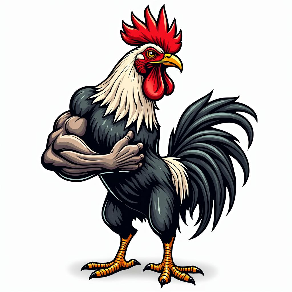 Rooster, flex, muscles, gymin pop art style tattoo, featuring bold and vibrant colors, exaggerated outlines, iconic imagery, inspired by comic books and speech bubbles, comic book characters, retro pop culture