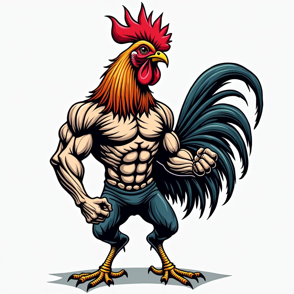 Rooster, flex, muscles, gymin pop art style tattoo, featuring bold and vibrant colors, exaggerated outlines, iconic imagery, inspired by comic books and speech bubbles, comic book characters, retro pop culture - Variation 4