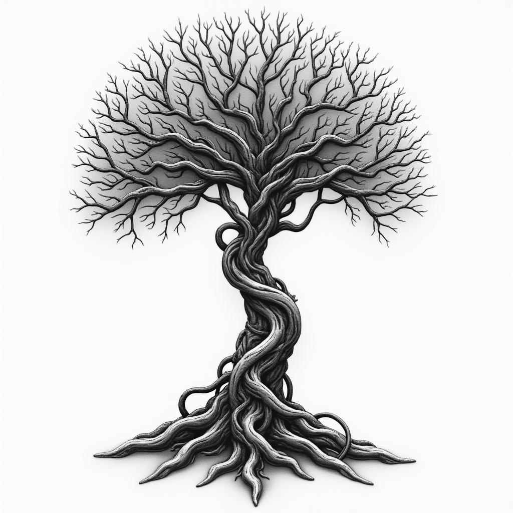 At tree of life like home tree from avatartattoo in biomechanic style, the tattoo covered by robotic elements of futuristic cyberpunk design, robotic features detail, showcasing intricate mechanical components - Variation 4