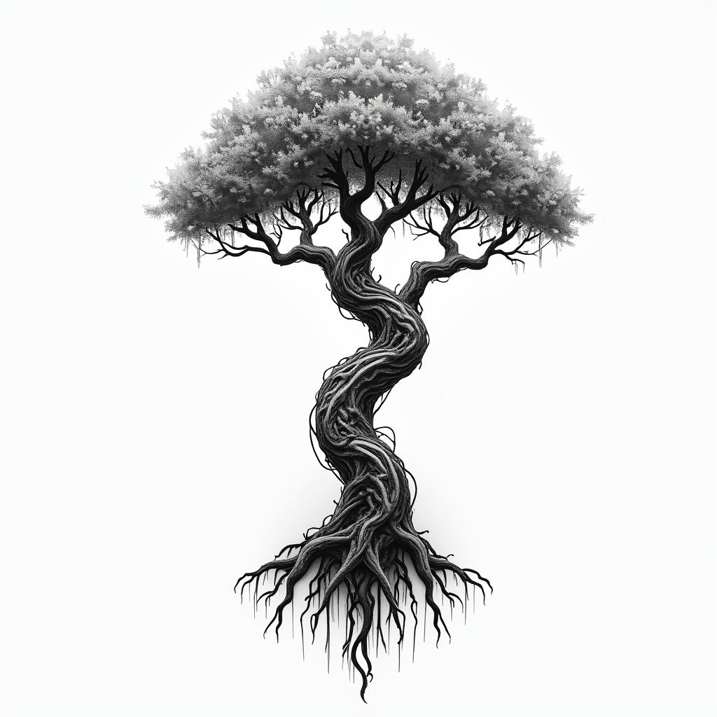 At tree of life like home tree from avatartattoo in biomechanic style, the tattoo covered by robotic elements of futuristic cyberpunk design, robotic features detail, showcasing intricate mechanical components