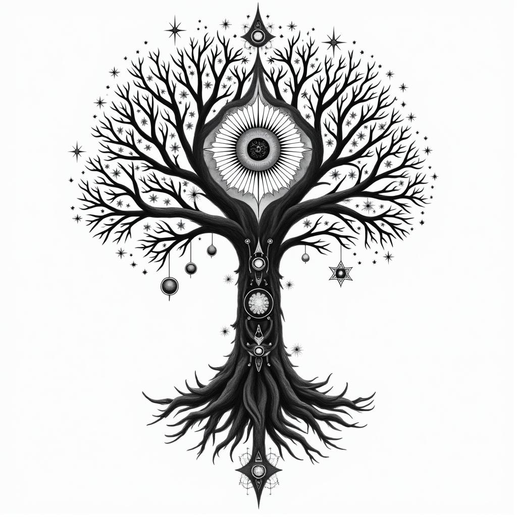 At tree of life like home tree from avatarin prophecy tattoo style, featuring mystical symbols, celestial imagery like stars, moons, suns, geometric patterns, foretelling elements, an eye of wisdom - Variation 2