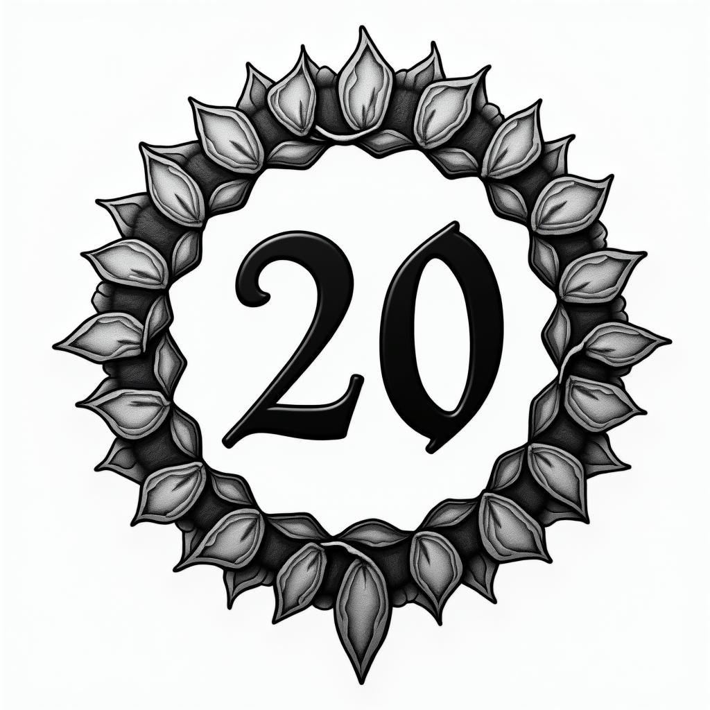 Matchbox 20 circle. Lettering around the 20text-based tattoo, gothic font ultra-realistic, perfectly placed, high-quality font design, photo-realistic shading, 8k, high quality, finely detailed typography