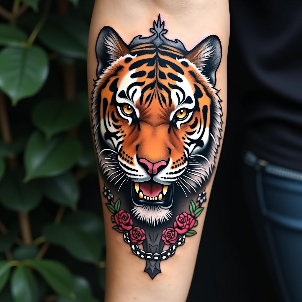Tiger with intense eyes in a jungle.in chicano style tattoo, featuring intricate black and grey shading, bold elements of traditional chicano culture symbols, add a big cross with skull, chains and roses - Variation 2