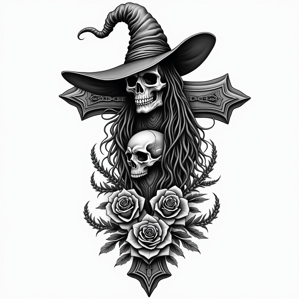 Witchin chicano style tattoo, featuring intricate black and grey shading, bold elements of traditional chicano culture symbols, add a big cross with skull, chains and roses - Variation 4