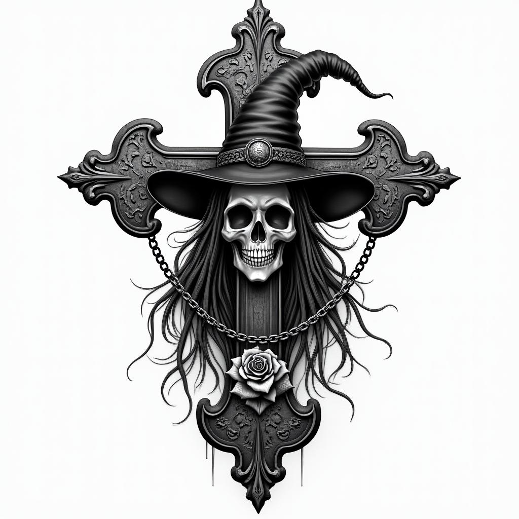 Witchin chicano style tattoo, featuring intricate black and grey shading, bold elements of traditional chicano culture symbols, add a big cross with skull, chains and roses - Variation 3