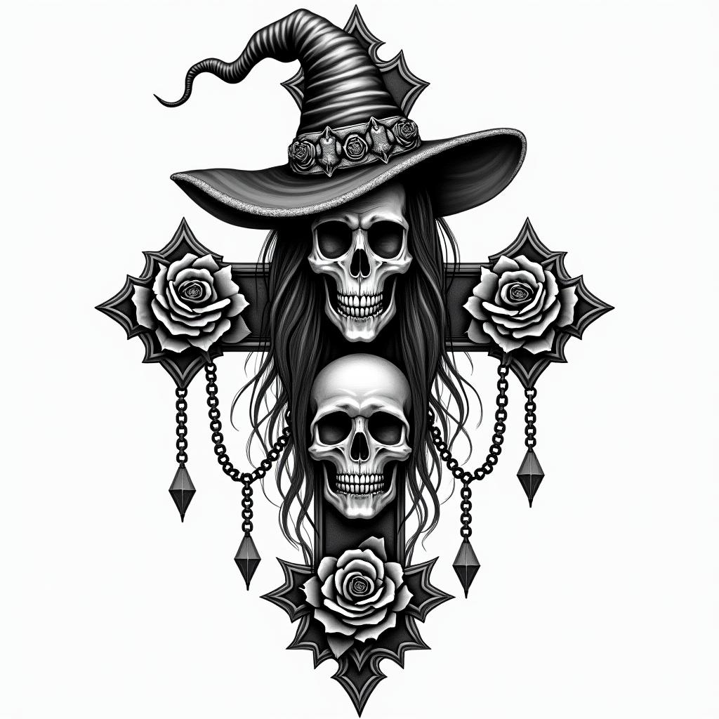Witchin chicano style tattoo, featuring intricate black and grey shading, bold elements of traditional chicano culture symbols, add a big cross with skull, chains and roses - Variation 2