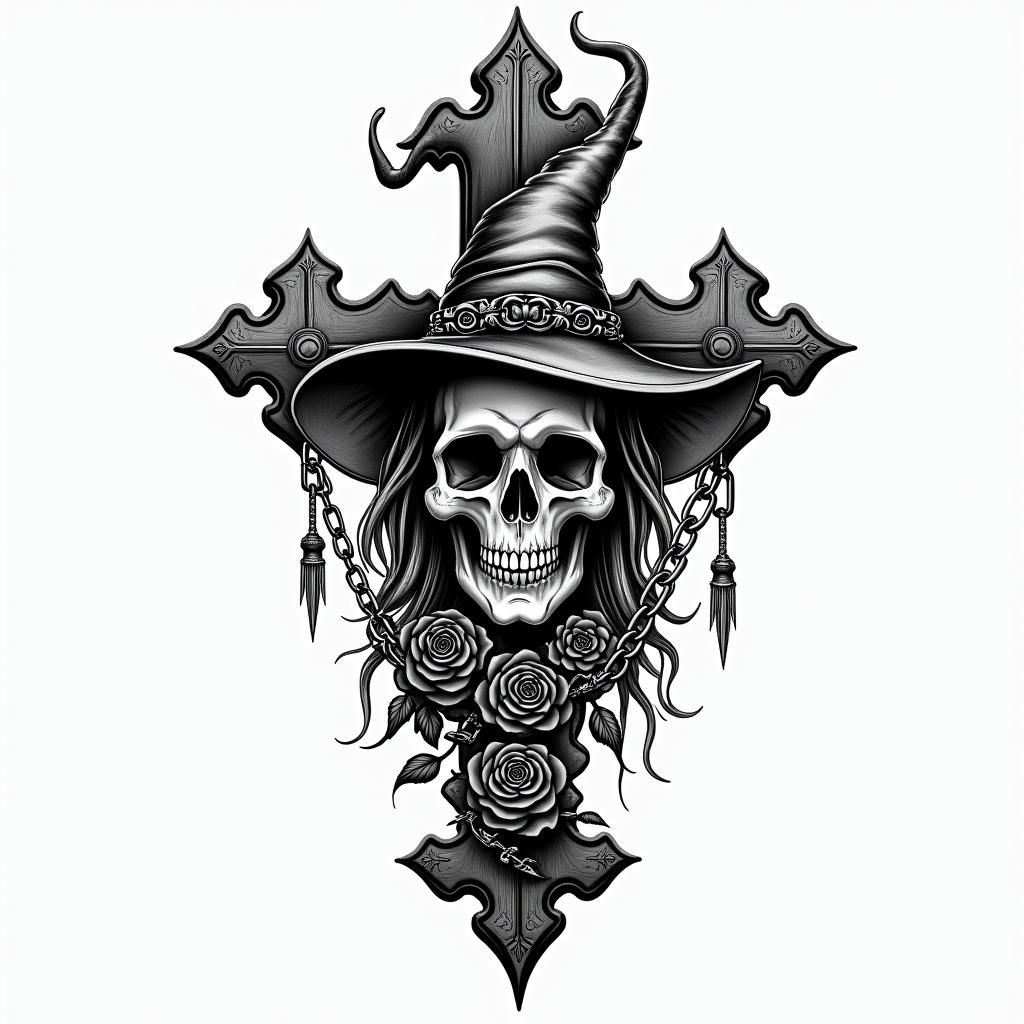 Witchin chicano style tattoo, featuring intricate black and grey shading, bold elements of traditional chicano culture symbols, add a big cross with skull, chains and roses