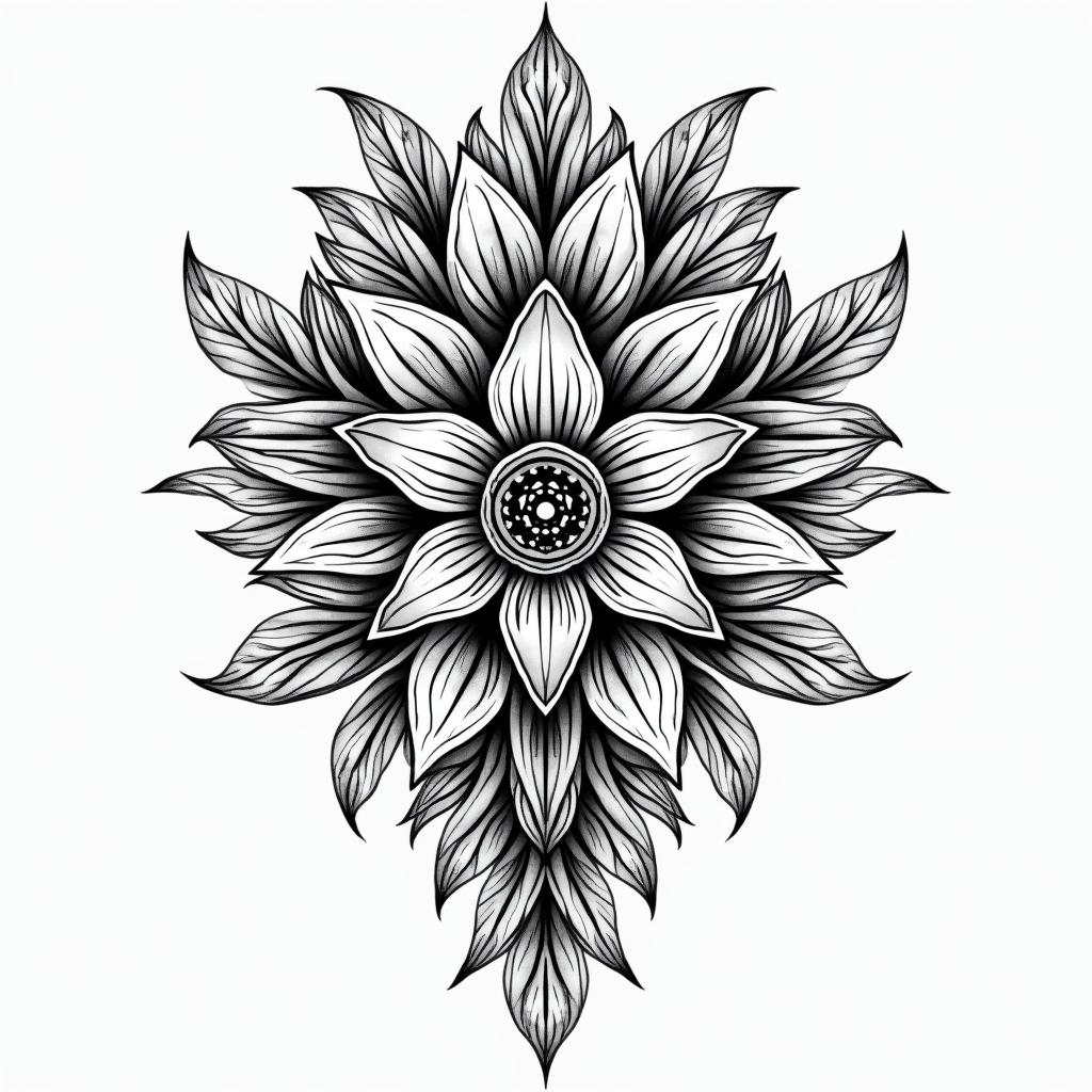 Gabriela, Leo Táchira Rubioin ornamental tattoo style, featuring intricate symmetrical patterns and floral designs, showcasing highly detailed line work and geometric shapes, creating a sense of elegance and balance