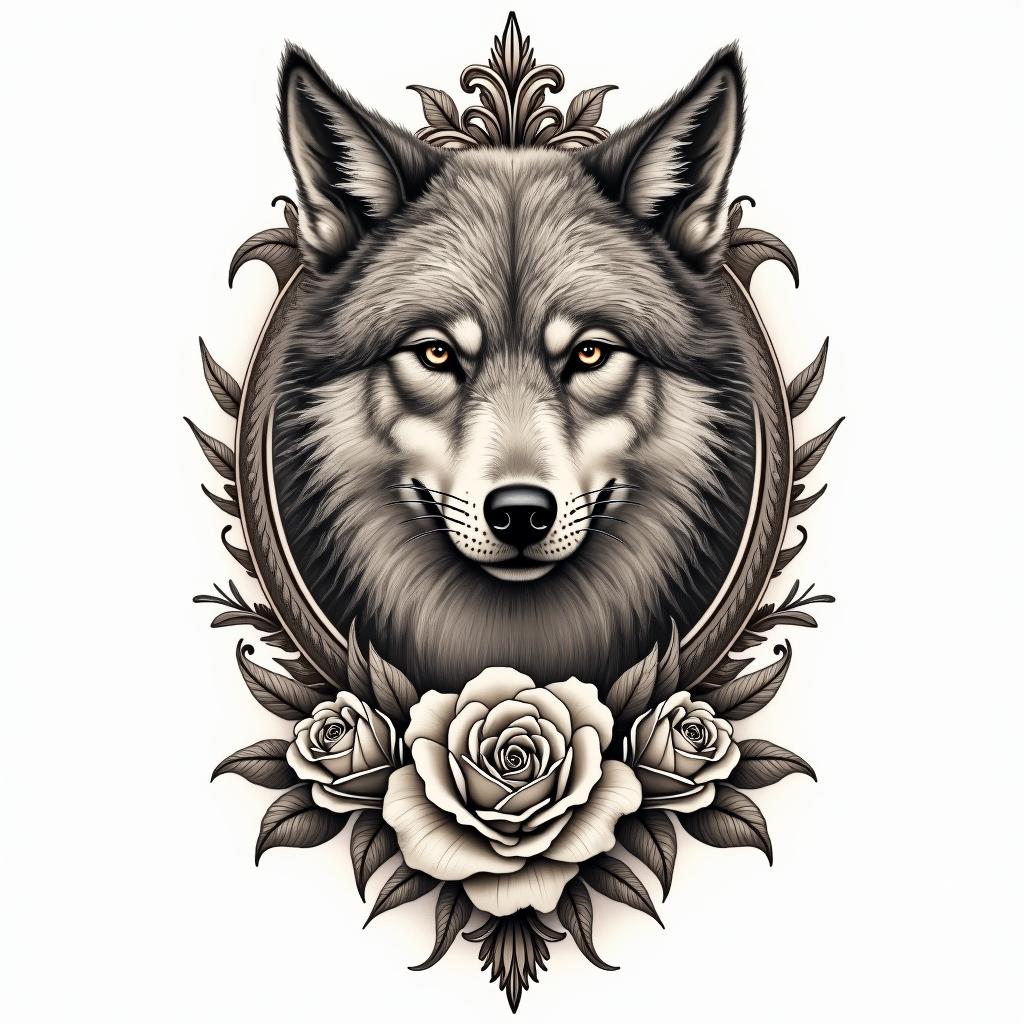 Wolfin victorian style tattoo, featuring vintage and elegant elements, ornate frames, roses, antique, sepia-toned color scheme