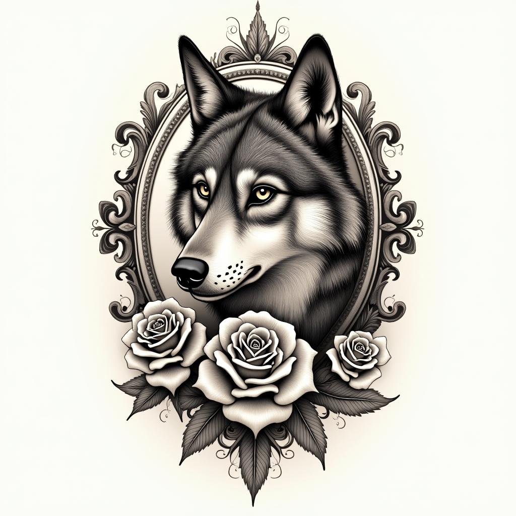 Wolfin victorian style tattoo, featuring vintage and elegant elements, ornate frames, roses, antique, sepia-toned color scheme - Variation 2