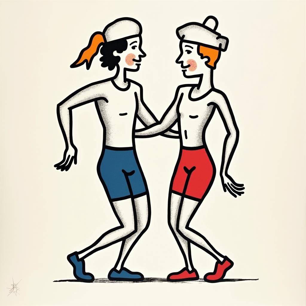 Renato, Caracas, triathlon chefabstract dancing figures in Keith Haring style, featuring bold black outlines and solid color fills, figures posed in dynamic and playful dance movements, minimalist design