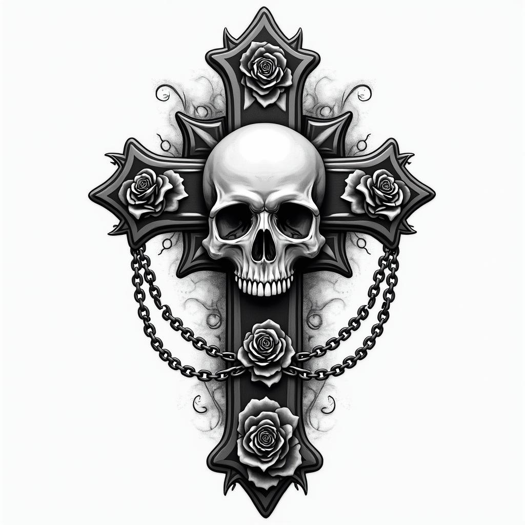 Bruhain chicano style tattoo, featuring intricate black and grey shading, bold elements of traditional chicano culture symbols, add a big cross with skull, chains and roses