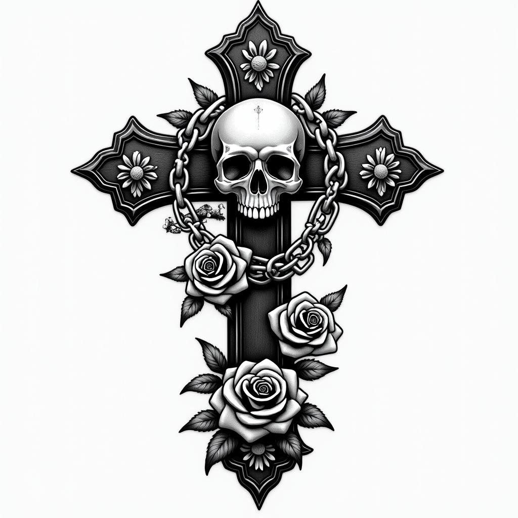 Bruhain chicano style tattoo, featuring intricate black and grey shading, bold elements of traditional chicano culture symbols, add a big cross with skull, chains and roses - Variation 3