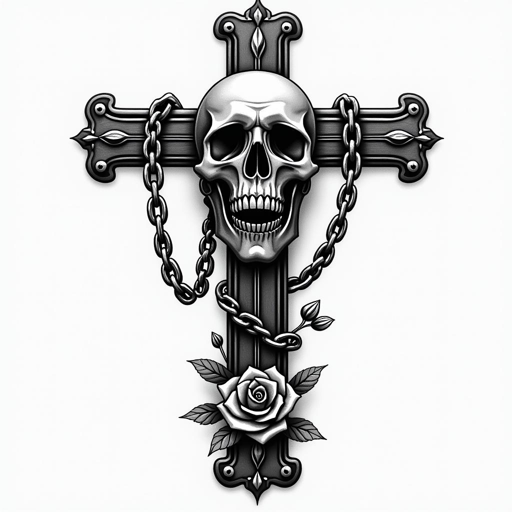 Bruhain chicano style tattoo, featuring intricate black and grey shading, bold elements of traditional chicano culture symbols, add a big cross with skull, chains and roses - Variation 4