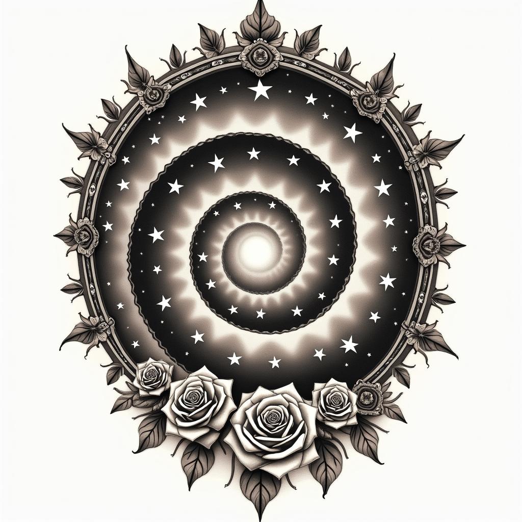 Spiral galaxy with stars and planetsin victorian style tattoo, featuring vintage and elegant elements, ornate frames, roses, antique, sepia-toned color scheme
