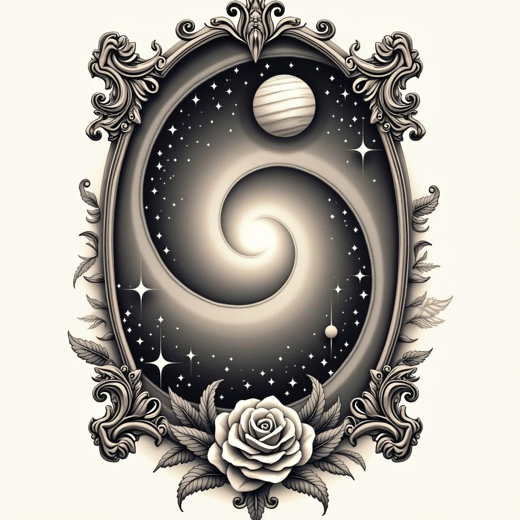 Spiral galaxy with stars and planetsin victorian style tattoo, featuring vintage and elegant elements, ornate frames, roses, antique, sepia-toned color scheme - Variation 3