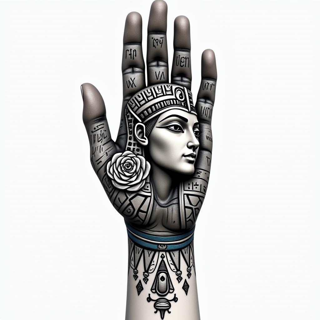 Half hand tattoo with spartian and text - veni vidi vici and Rose with blue water pilin egyptian style tattoo, bold elements of ancient egyptian culture including a portrait of an Egyptian pharaoh with detailed facial features, in hieroglyphs and symbolic imagery, eye of horus, ankh symbol, scarab beetle