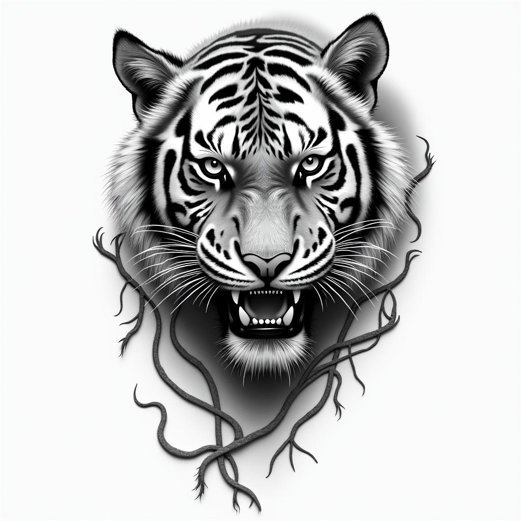 Tiger vinesin realism tattoo style, featuring a highly detailed, lifelike, capturing every detail, photorealistic, ultra realistic, intricate shading, smooth and sharp, - Variation 2