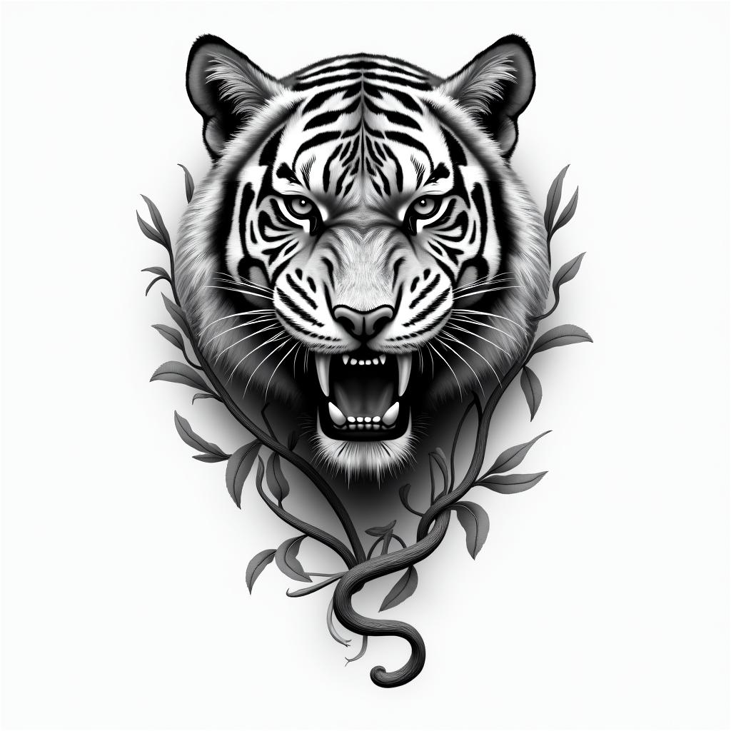 Tiger vinesin realism tattoo style, featuring a highly detailed, lifelike, capturing every detail, photorealistic, ultra realistic, intricate shading, smooth and sharp, - Variation 4