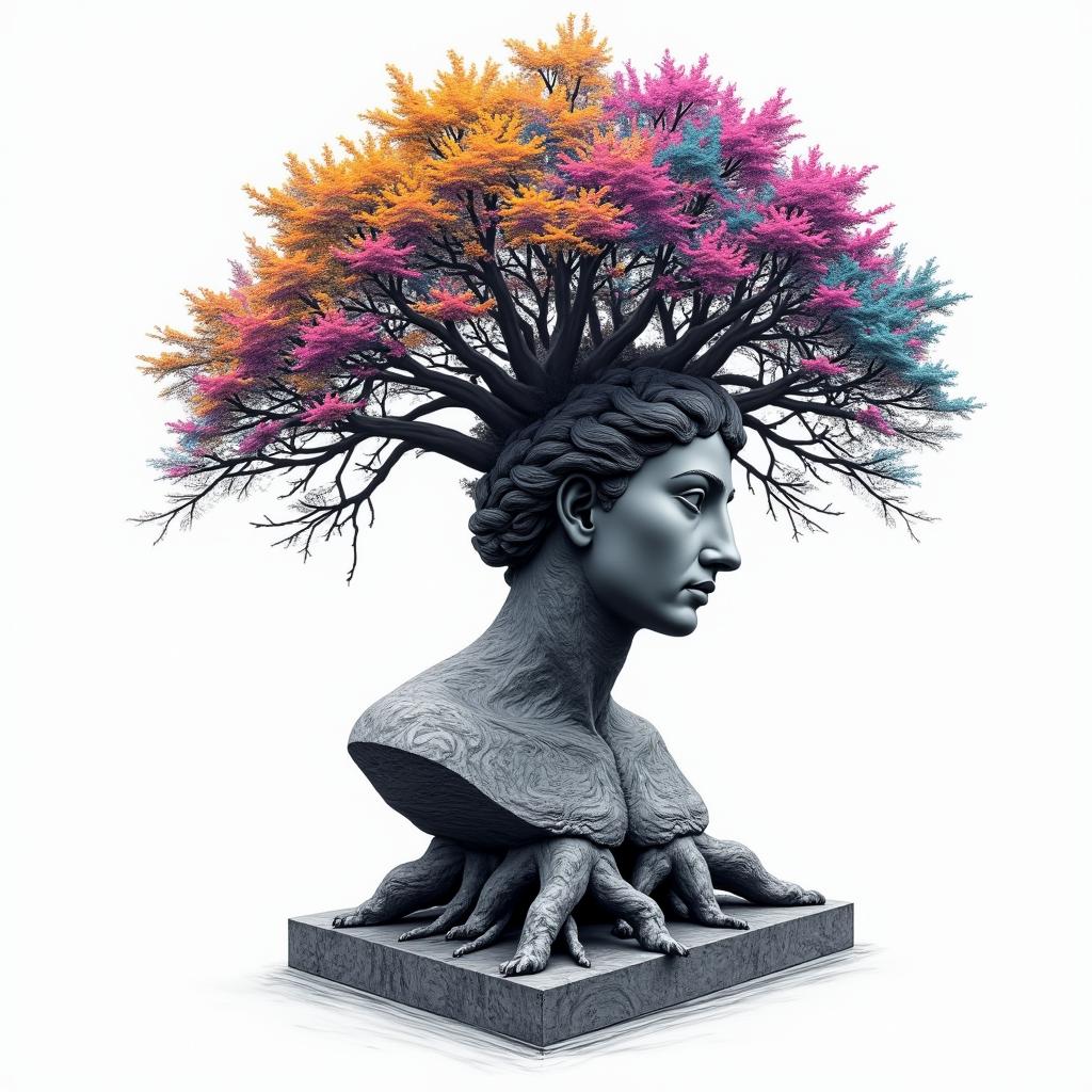 Tree of lifein distorted and fragmented tattoo design, featuring a classical statue bust, in a glitch art style with vibrant, overlapping colors of cyan, magenta, and yellow, creating a digital distortion effect