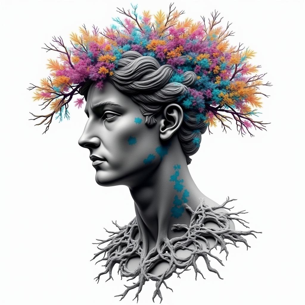 Tree of lifein distorted and fragmented tattoo design, featuring a classical statue bust, in a glitch art style with vibrant, overlapping colors of cyan, magenta, and yellow, creating a digital distortion effect - Variation 4