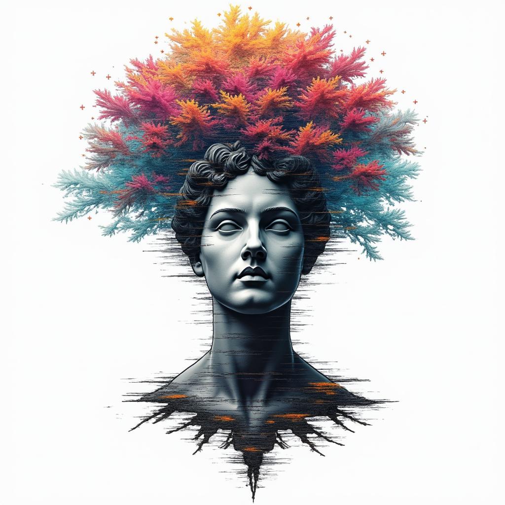 Tree of lifein distorted and fragmented tattoo design, featuring a classical statue bust, in a glitch art style with vibrant, overlapping colors of cyan, magenta, and yellow, creating a digital distortion effect - Variation 3
