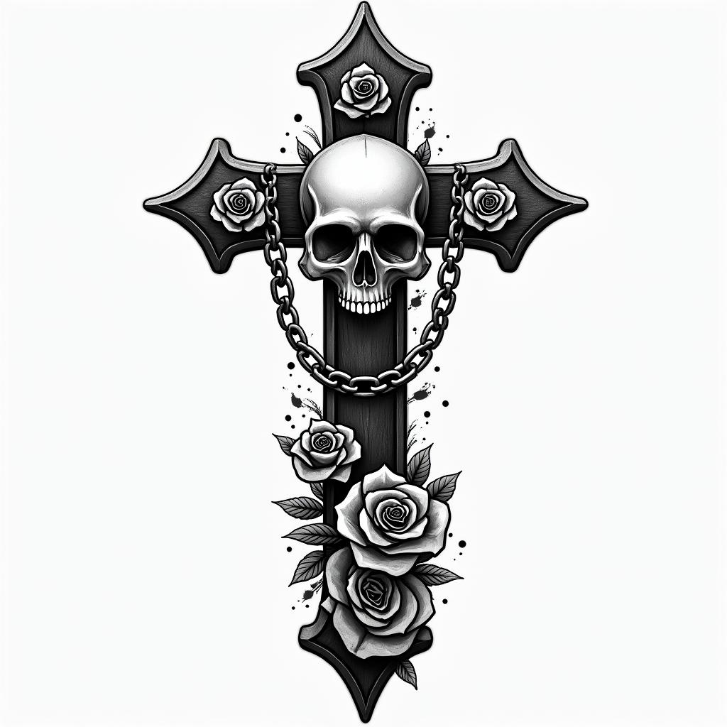 Scalein chicano style tattoo, featuring intricate black and grey shading, bold elements of traditional chicano culture symbols, add a big cross with skull, chains and roses - Variation 2