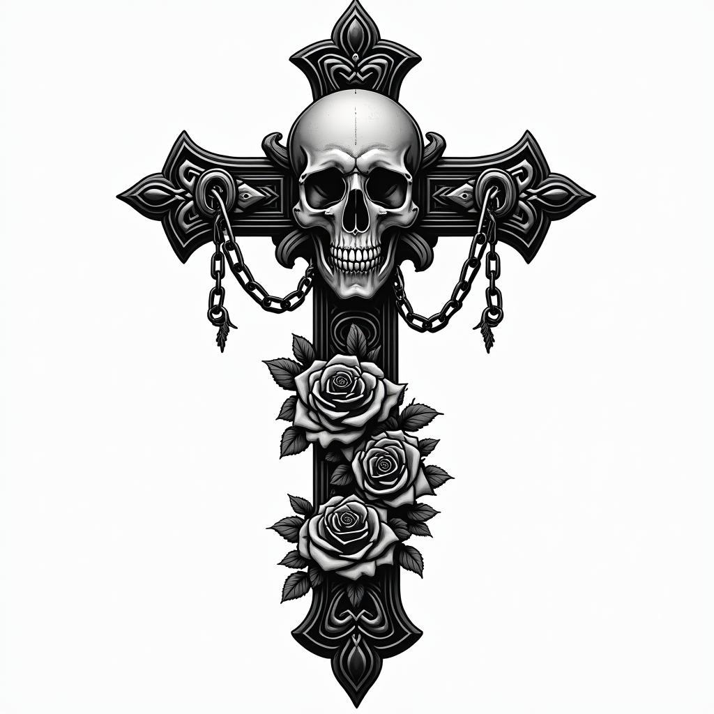 Scalein chicano style tattoo, featuring intricate black and grey shading, bold elements of traditional chicano culture symbols, add a big cross with skull, chains and roses