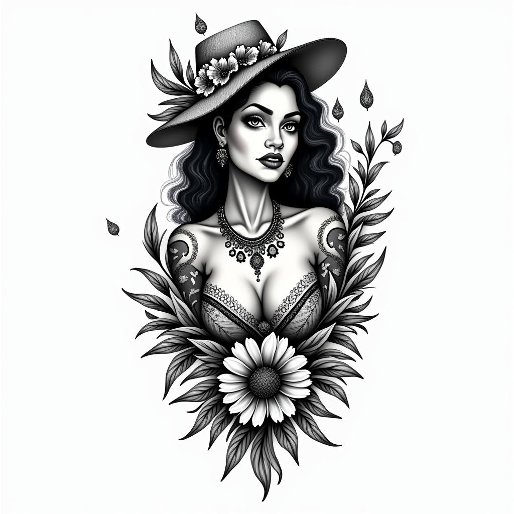 Liliana, aries, venezuela in authentic tattoo style, incorporating traditional modifications, bold black outlines, solid color fills, featuring classic authentic elements
