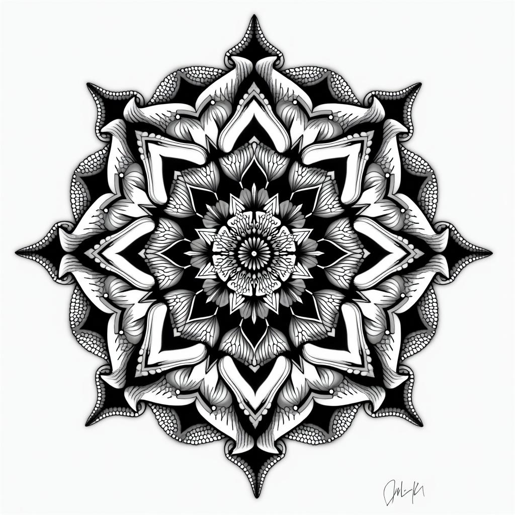 I would like to modify my existing tattoo.in dotwork style tattoo, complex mandala patterns, interlocking geometric shapes with sharp symmetry, clean lines, sharp angles