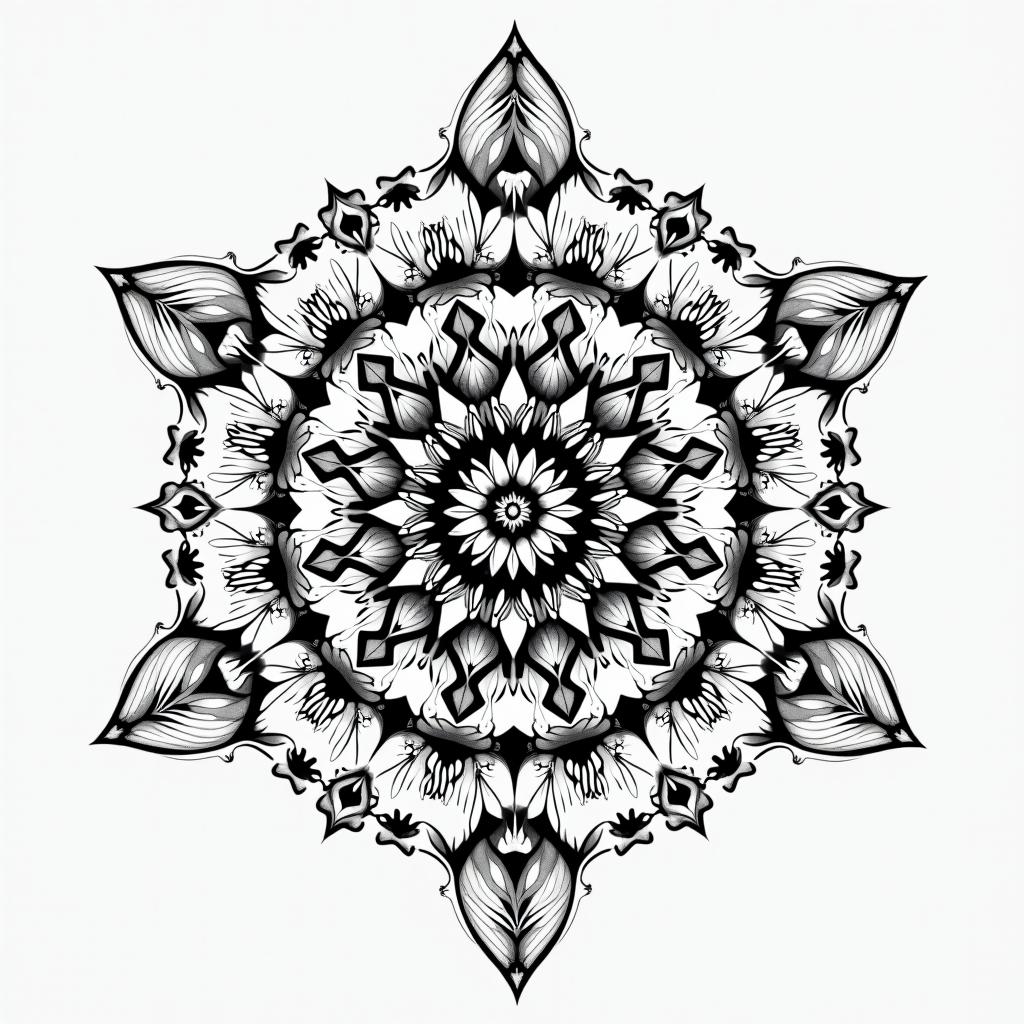 I would like to modify my existing tattoo.in dotwork style tattoo, complex mandala patterns, interlocking geometric shapes with sharp symmetry, clean lines, sharp angles - Variation 3