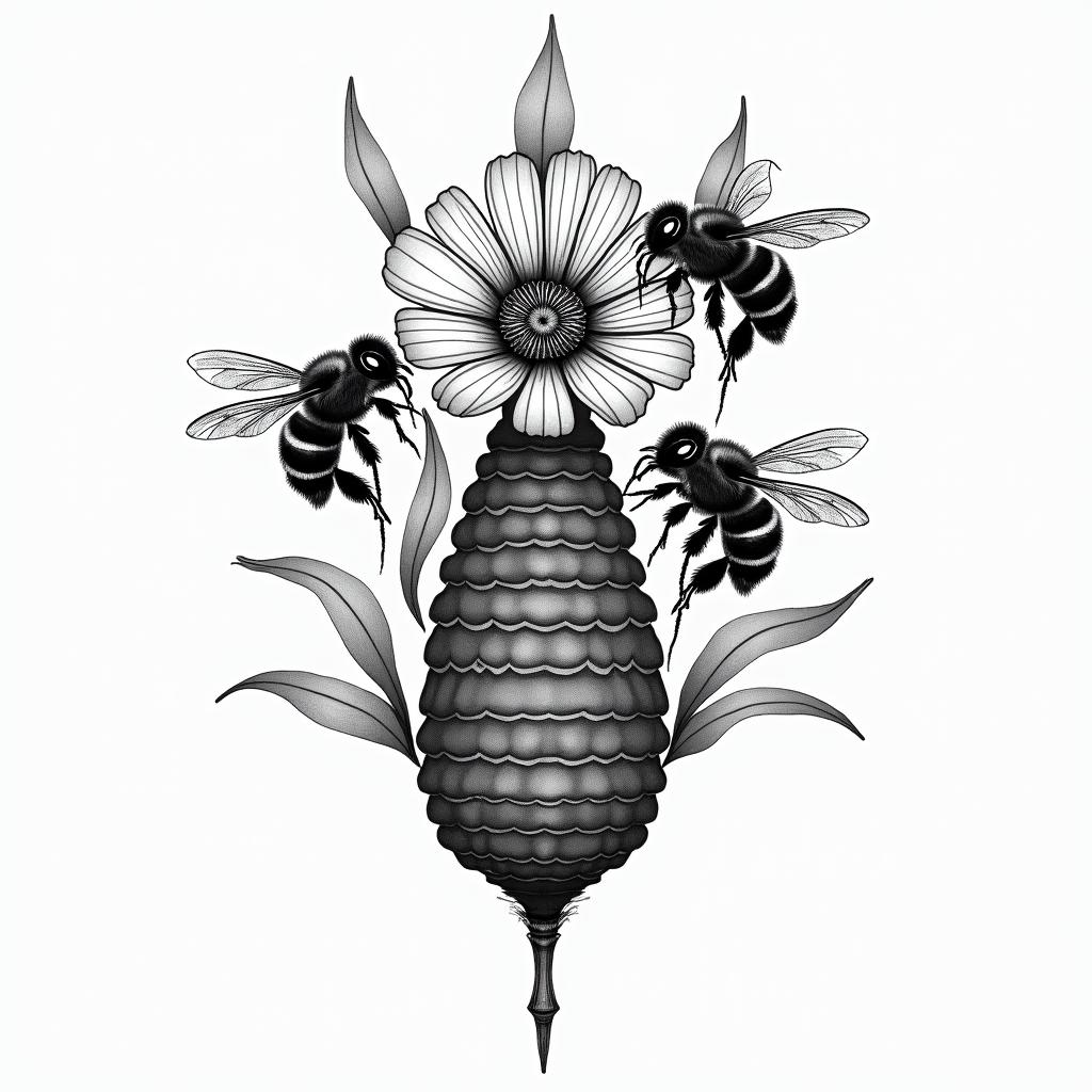 Bees on hive with gladiolus and poppy flower in geometric style tattoo, blending hexagons, mandala-inspired patterns, symmetrical and fractal design, clean lines, sharp angles