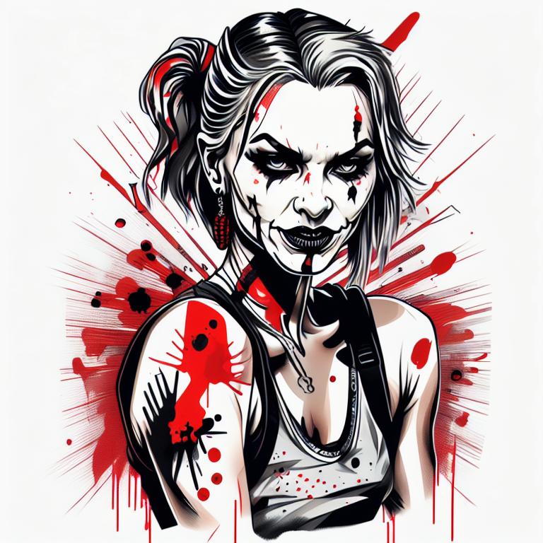 trash polka tattoo style, showcasing bold black and red ink with dynamic brush strokes and splatters. Incorporates abstract elements and expressive, chaotic lines on a solid white background. Detailed design with a high-contrast soft colored near white toned look, blending realism and abstraction to create an intense visual impactundefined - Variation 32