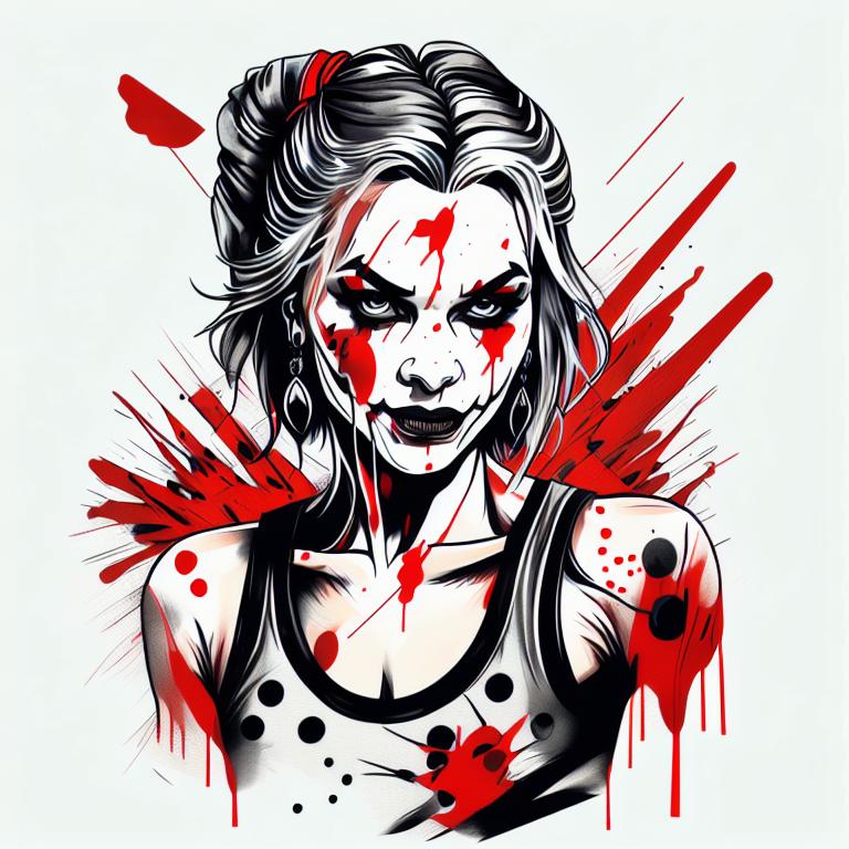 trash polka tattoo style, showcasing bold black and red ink with dynamic brush strokes and splatters. Incorporates abstract elements and expressive, chaotic lines on a solid white background. Detailed design with a high-contrast soft colored near white toned look, blending realism and abstraction to create an intense visual impactundefined - Variation 30