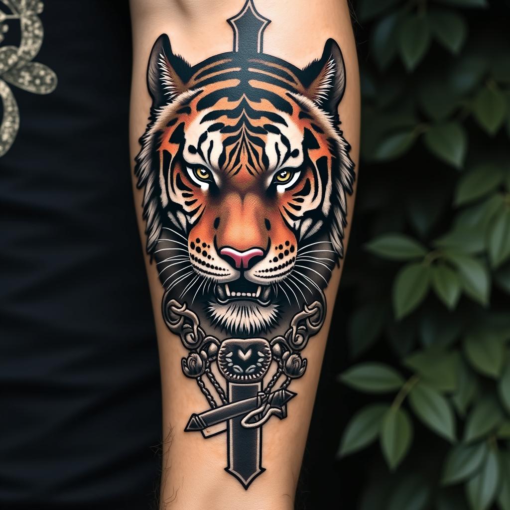 Tiger with intense eyes in a jungle.in chicano style tattoo, featuring intricate black and grey shading, bold elements of traditional chicano culture symbols, add a big cross with skull, chains and roses