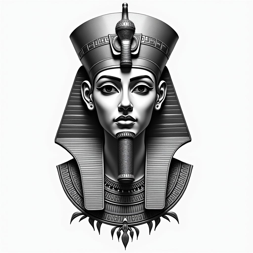 Teodoro, Libra, 1998in egyptian style tattoo, bold elements of ancient egyptian culture including a portrait of an Egyptian pharaoh with detailed facial features, in hieroglyphs and symbolic imagery, eye of horus, ankh symbol, scarab beetle
