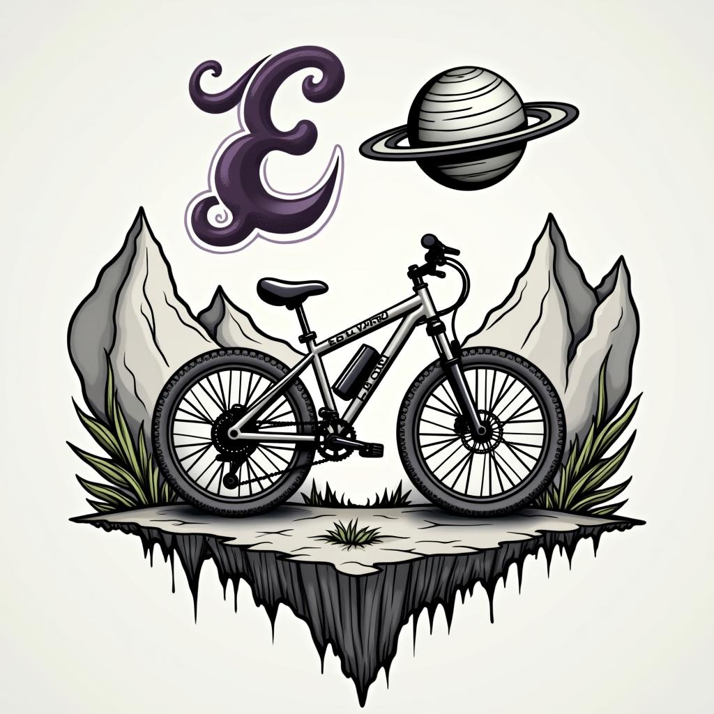 A detailed abstract mountain bike with the planet Saturn above it, symbolizing lost dreams of children with a beloved, surrounded by mountains and a cursive letter 'E' in purple and black colors in the sky, evoking feelings of love and hope.higly detailed tattoo