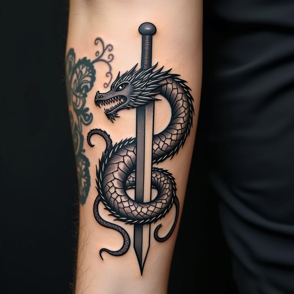 Majestic dragon coiled around a swordtext-based tattoo, gothic font ultra-realistic, perfectly placed, high-quality font design, photo-realistic shading, 8k, high quality, finely detailed typography - Variation 4