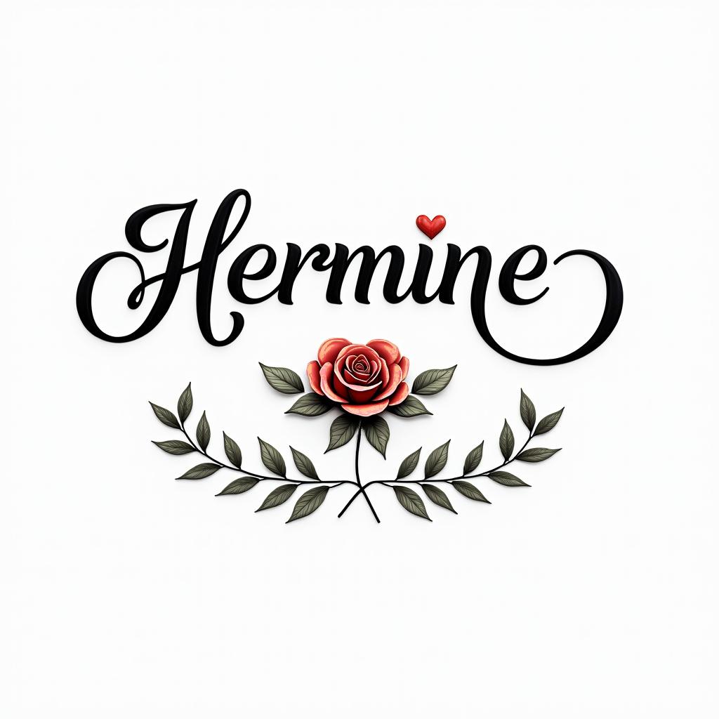 Herminein elegant cursive calligraphy style 2d tattoo, decorate with roses, featuring a smooth and flowing handwritten script with slightly thickened strokes for a luxurious and bold appearance,  heart symbol between names,  sleek and glossy black text with shadowing, minimalist matte white background, clean and sharp edges, illuminated with soft lighting, romantic, 8k, high-quality textures with refined typography - Variation 10
