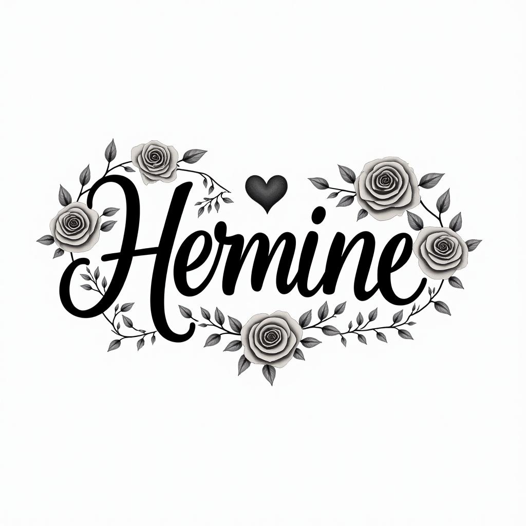 Herminein elegant cursive calligraphy style 2d tattoo, decorate with roses, featuring a smooth and flowing handwritten script with slightly thickened strokes for a luxurious and bold appearance,  heart symbol between names,  sleek and glossy black text with shadowing, minimalist matte white background, clean and sharp edges, illuminated with soft lighting, romantic, 8k, high-quality textures with refined typography - Variation 12