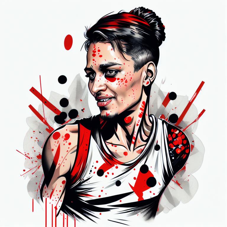 trash polka tattoo style, showcasing bold black and red ink with dynamic brush strokes and splatters. Incorporates abstract elements and expressive, chaotic lines on a solid white background. Detailed design with a high-contrast soft colored near white toned look, blending realism and abstraction to create an intense visual impactundefined - Variation 23