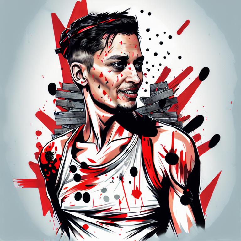 trash polka tattoo style, showcasing bold black and red ink with dynamic brush strokes and splatters. Incorporates abstract elements and expressive, chaotic lines on a solid white background. Detailed design with a high-contrast soft colored near white toned look, blending realism and abstraction to create an intense visual impactundefined - Variation 24