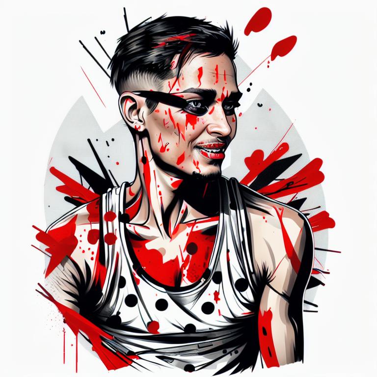 trash polka tattoo style, showcasing bold black and red ink with dynamic brush strokes and splatters. Incorporates abstract elements and expressive, chaotic lines on a solid white background. Detailed design with a high-contrast soft colored near white toned look, blending realism and abstraction to create an intense visual impactundefined - Variation 22