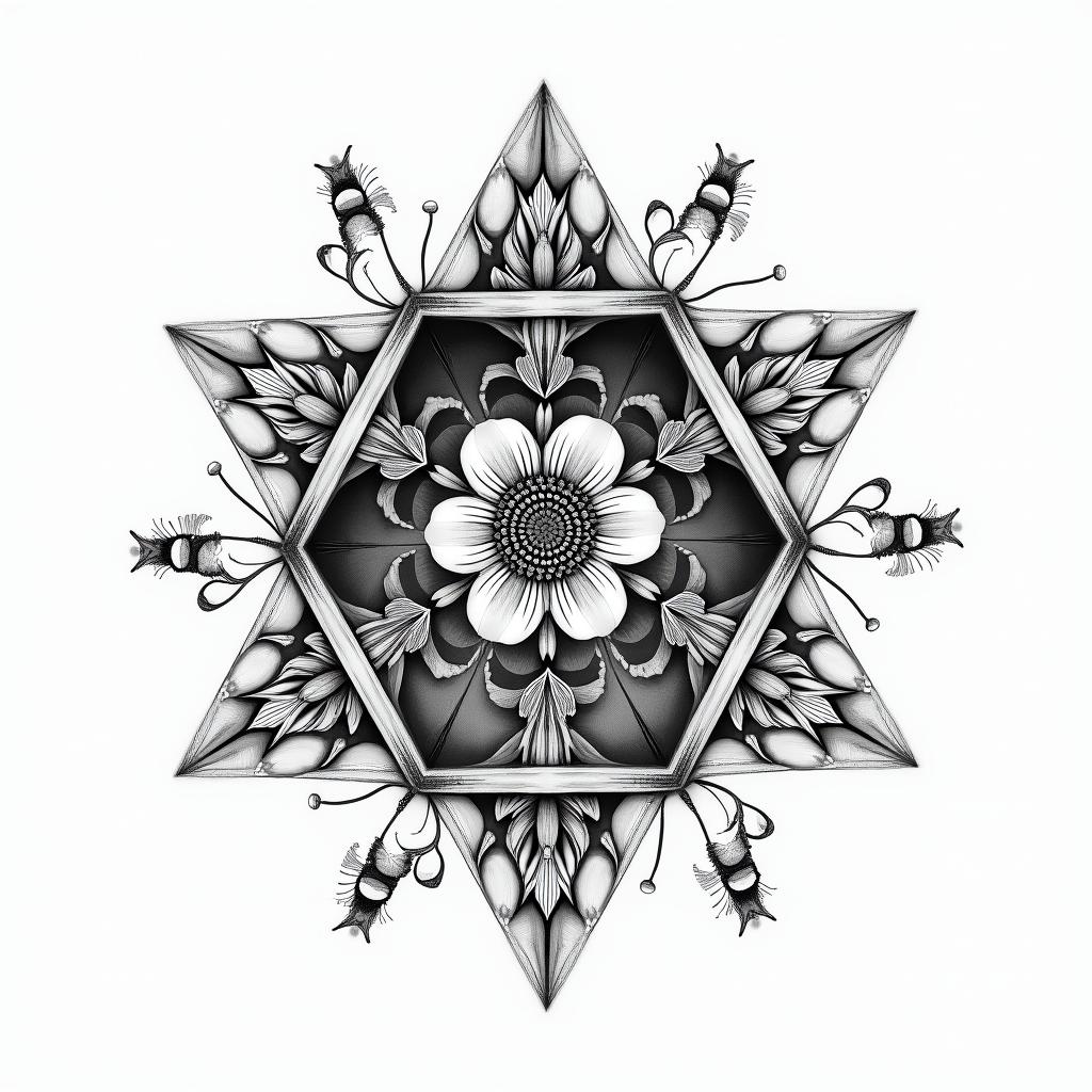 Hex hive structure with bees, gladiolus and poppyin ornamental tattoo style, featuring intricate symmetrical patterns and floral designs, showcasing highly detailed line work and geometric shapes, creating a sense of elegance and balance - Variation 4